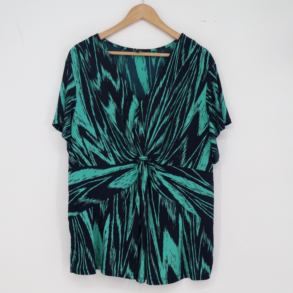 Daisy Fuentes Top Womens 3X Teal Combo Abstract Twist Front V-Neck Excellent